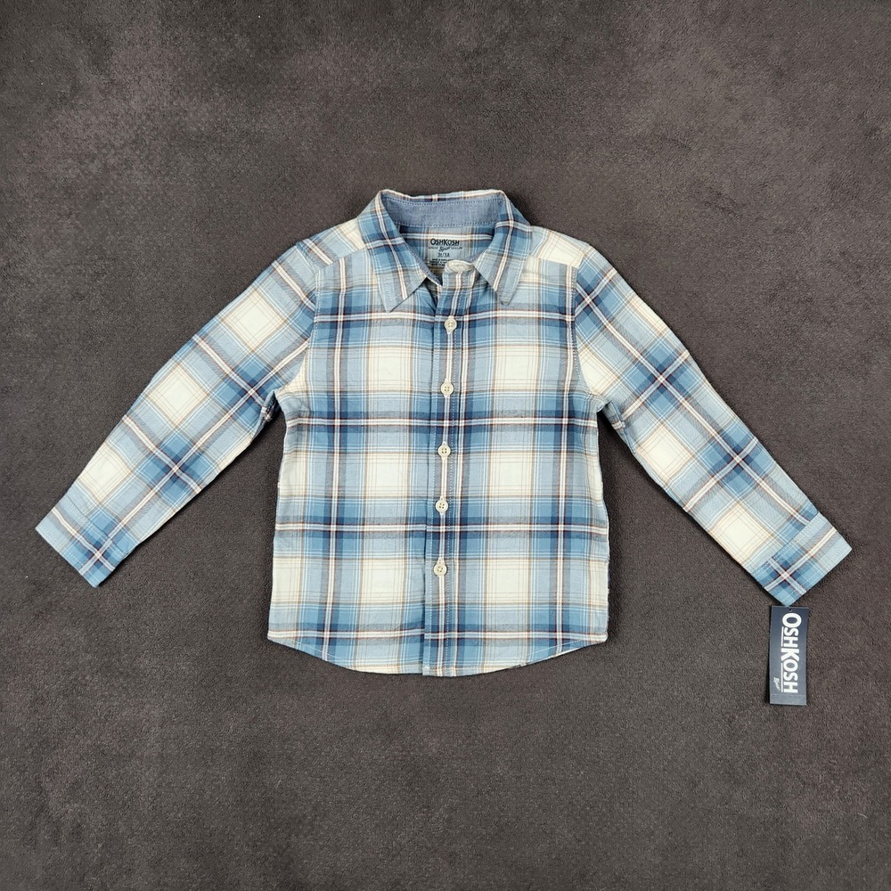 OshKosh B'gosh Shirt Boys 3T Blue Plaid Flannel Long Sleeve Button Down NEW